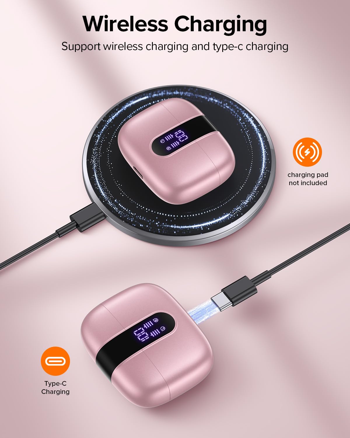 TAGRY Bluetooth Headphones Wireless Earbuds 60H Playback LED Power Display