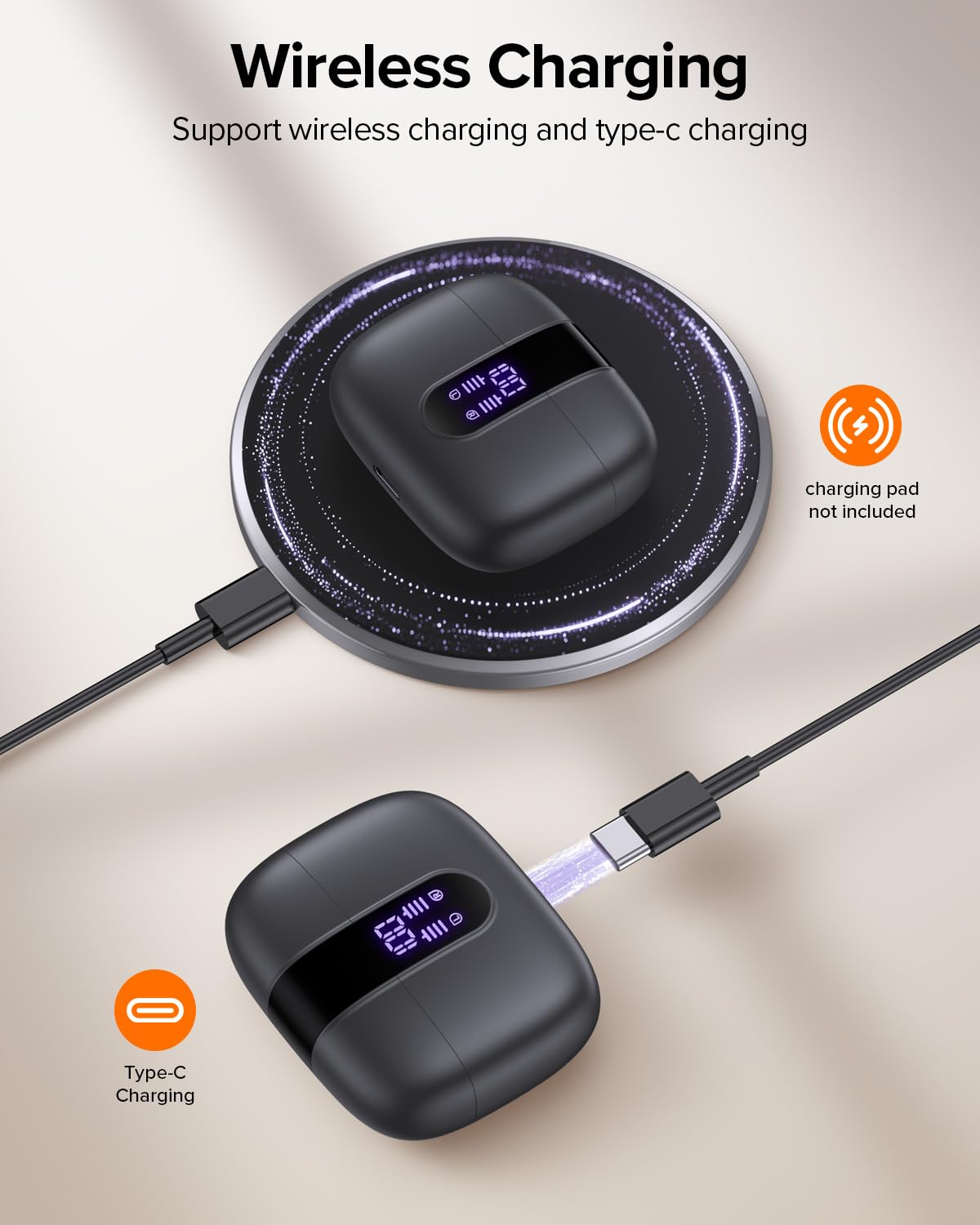 TAGRY Bluetooth Headphones Wireless Earbuds 60H Playback LED Power Display