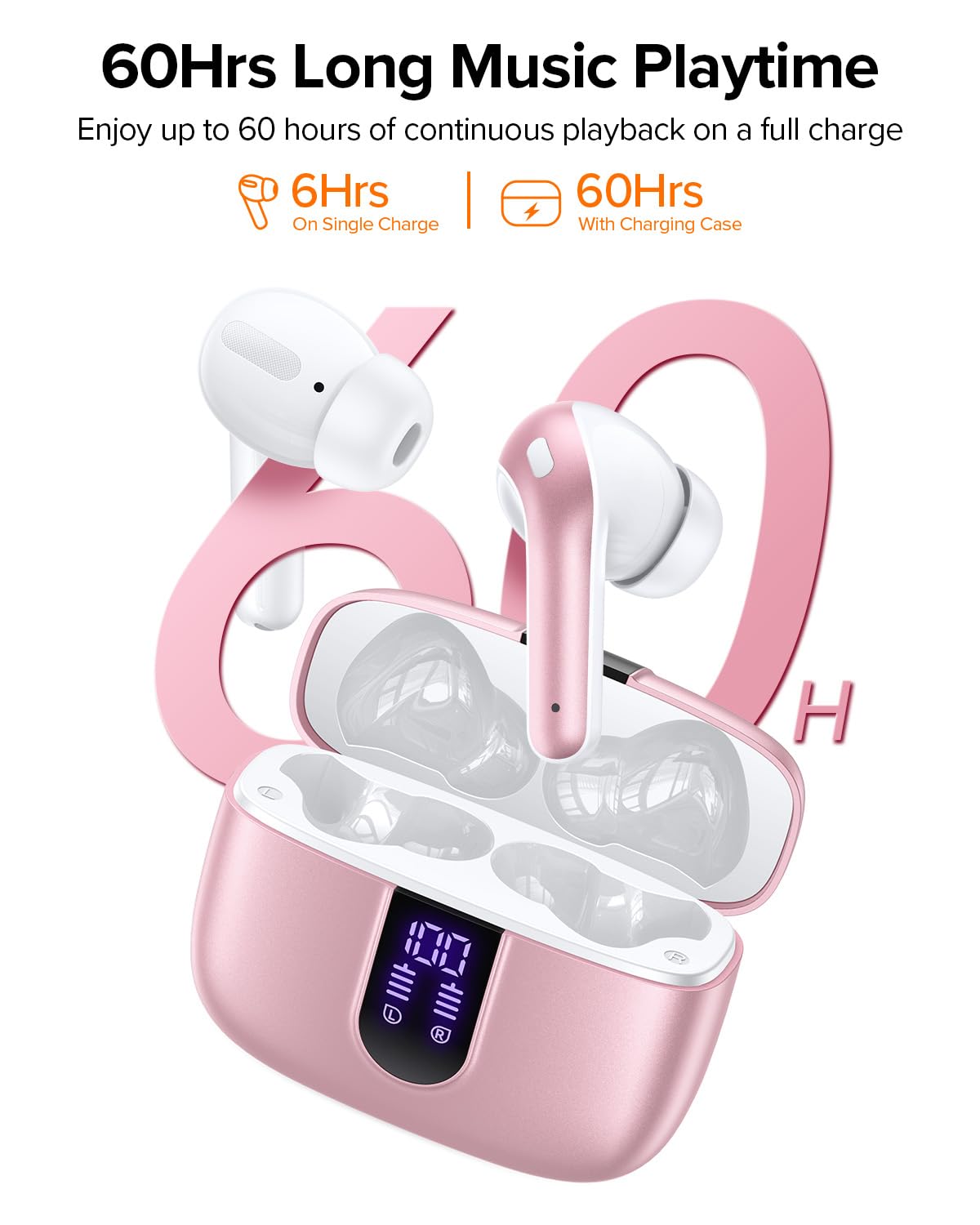 TAGRY Bluetooth Headphones Wireless Earbuds 60H Playback LED Power Display