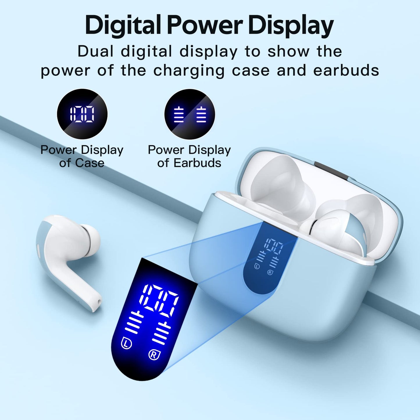 TAGRY Bluetooth Headphones Wireless Earbuds 60H Playback LED Power Display