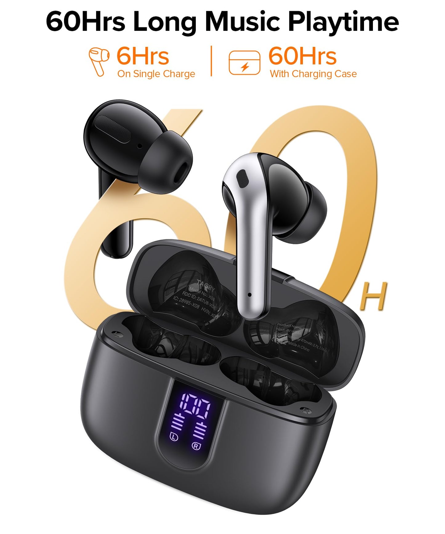 TAGRY Bluetooth Headphones Wireless Earbuds 60H Playback LED Power Display