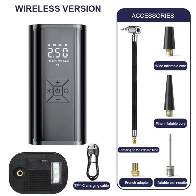 Powerful Wireless Car Air Compressor - Ultimate Electric Tire Inflator for Motorcycles, Bicycles, and More!